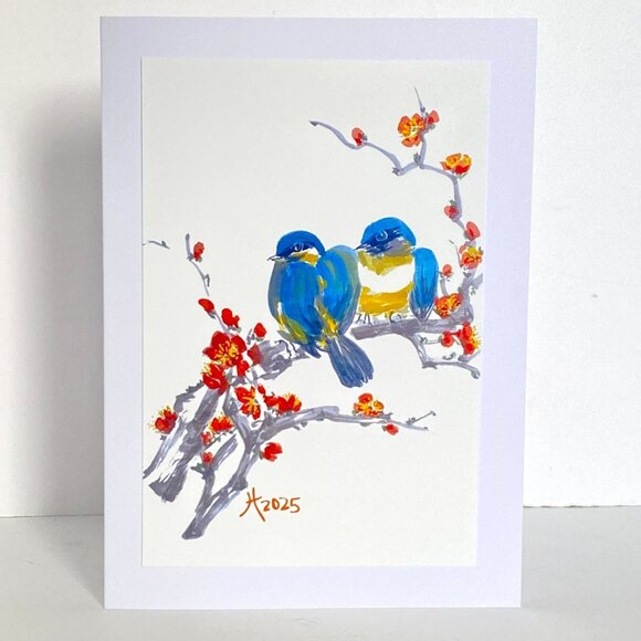 Asian Blue Love Birds Art Print 5x7in Blank Greeting Card Envelope All Occasion - Picture 1 of 4